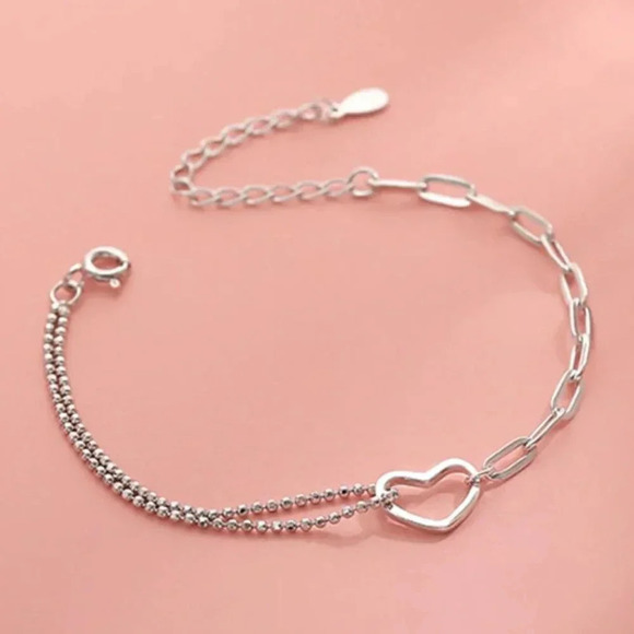 925 Sterling Silver Dainty Heart Bead Chain Link Bracelet - Picture 2 of 7